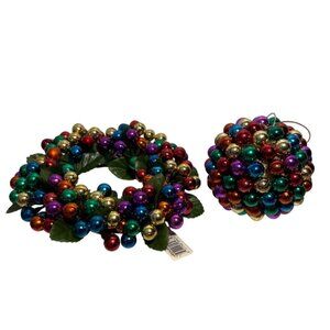 Colorful Beaded Ornament Ball & Matching Wreath Green Leaves Christmas Holiday